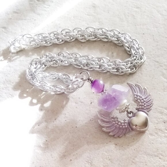 Winged Heart Amethyst Necklace ~ Hand Painted, One-of-a-Kind, Spiritual Gift - Picture 3 of 16